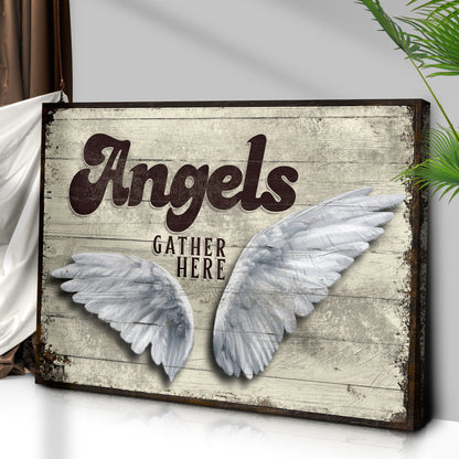 Angels Gather Here II canvas sign by Tailored Canvases distressed wood with white feathers on Tampa Home & Garden Store