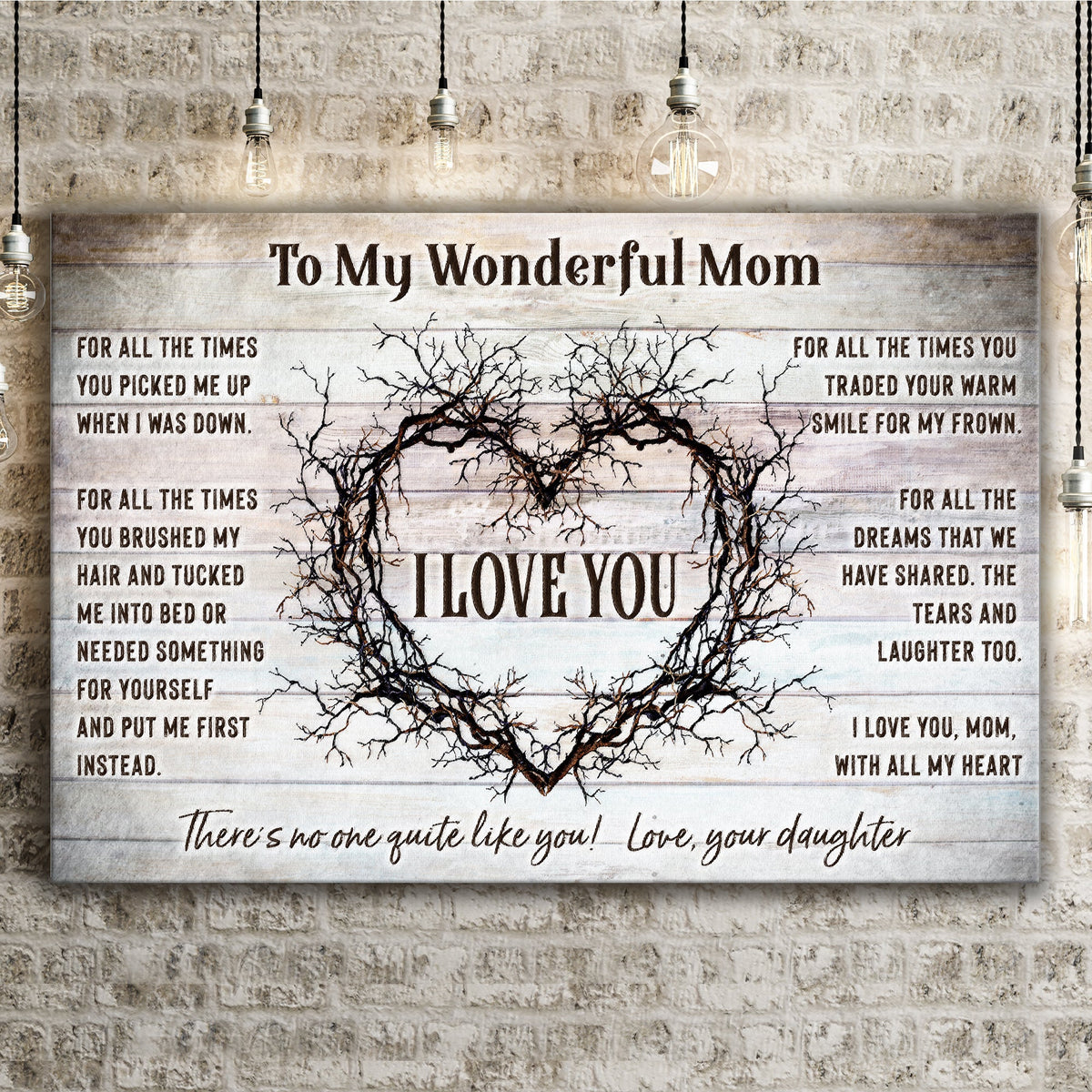 To My Wonderful Mom Happy Mother's Day Sign canvas with rustic wood panel and tree silhouette on Tampa Home & Garden Store