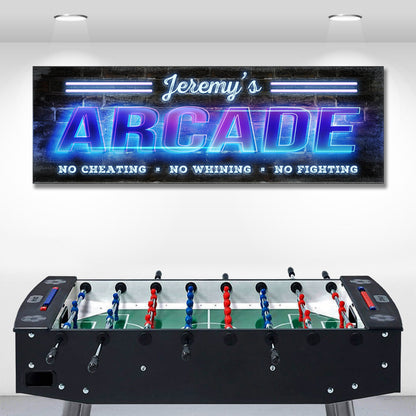Arcade Family Sign canvas artwork with neon blue lettering on brick wall; foosball table visible on Tampa Home & Garden Store