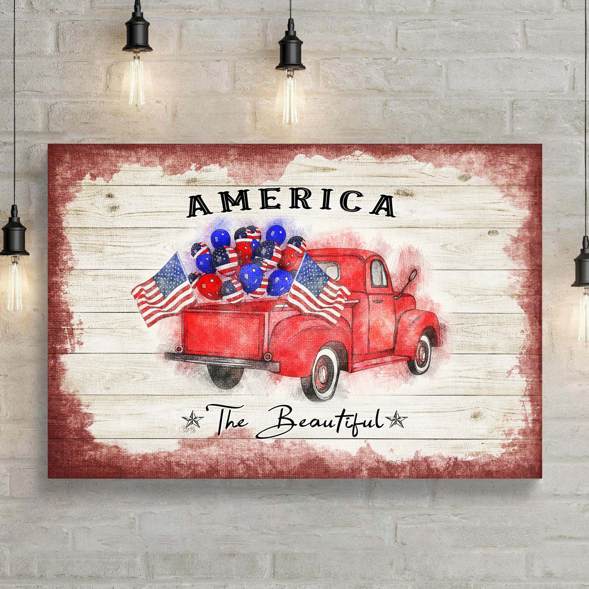Canvas sign America The Beautiful Sign II, red vintage truck with flags on rustic wood on Tampa Home & Garden Store