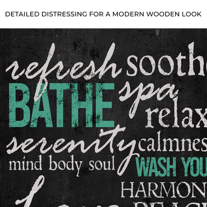 Refresh Soothe Bathe sign canvas by Tailored Canvases with distressed background teal BATHE on Tampa Home & Garden Store