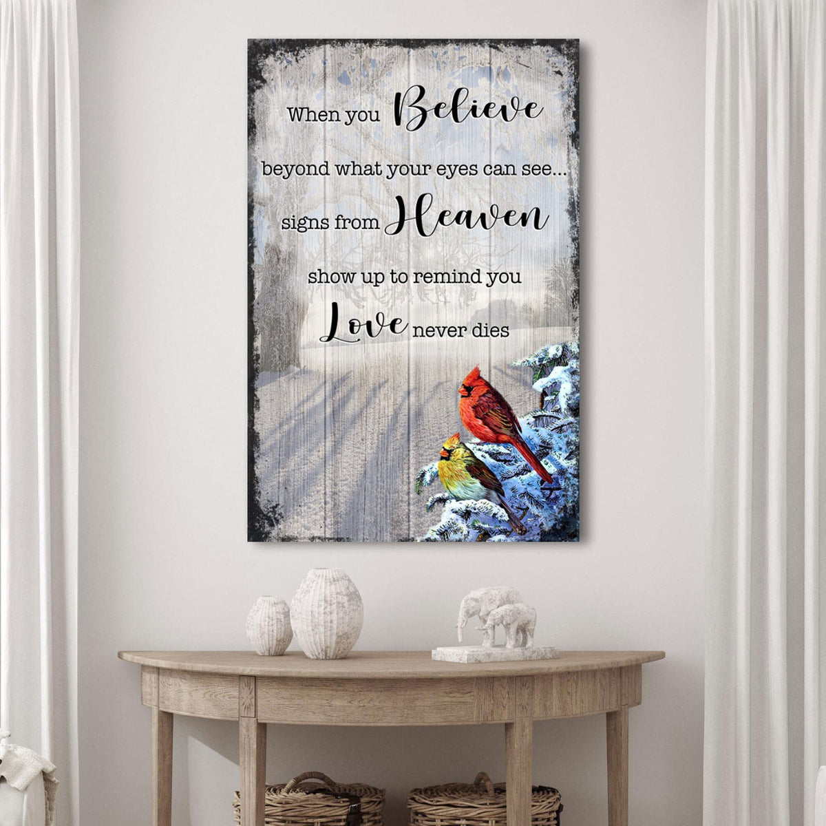 Canvas Signs From Heaven Sign II by Tailored Canvases with wood backdrop and cardinals on Tampa Home & Garden Store