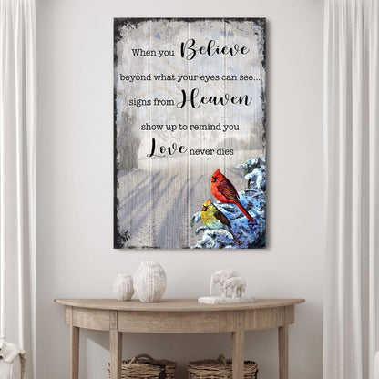 Canvas Signs From Heaven Sign II by Tailored Canvases with wood backdrop and cardinals on Tampa Home & Garden Store