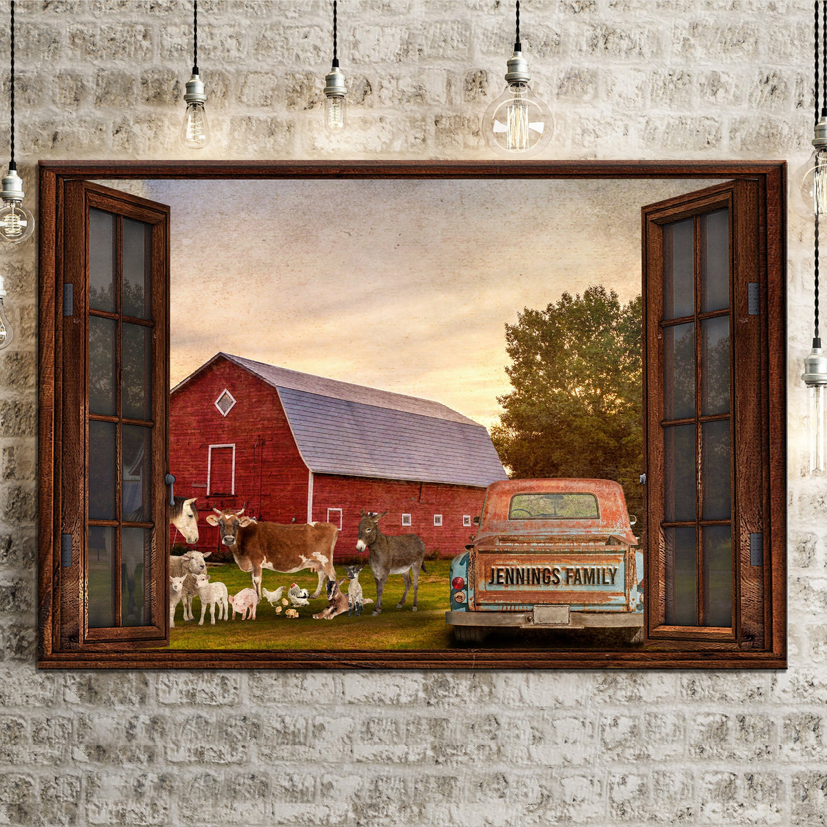 Family Farmhouse Sign Canvas by Tailored Canvases: rustic barn doorway, cows, red barn, rusty truck on Tampa Home & Garden Store