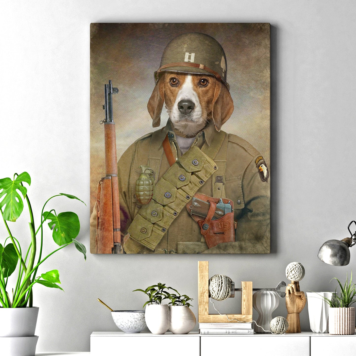 Pet Beagle Military Dog Sign canvas print in olive drab gear with helmet by Tailored Canvases on Tampa Home & Garden Store