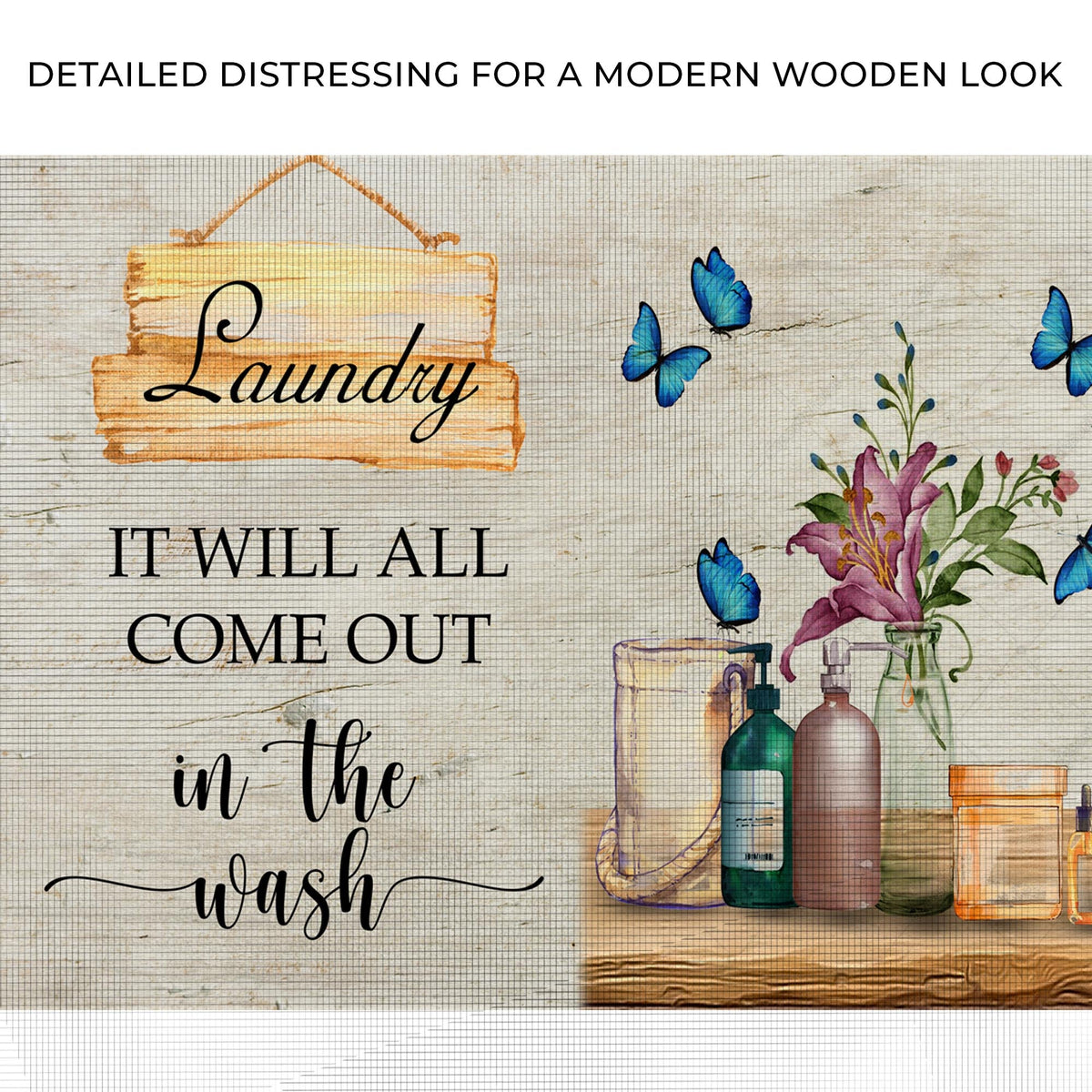 Canvas Laundry Sign crafting decor with script Laundry, wood backdrop and blue butterflies on Tampa Home & Garden Store