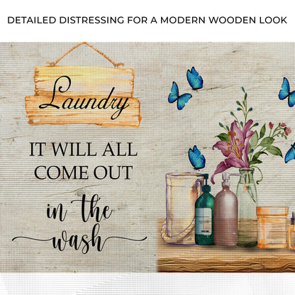 Canvas Laundry Sign crafting decor with script Laundry, wood backdrop and blue butterflies on Tampa Home & Garden Store