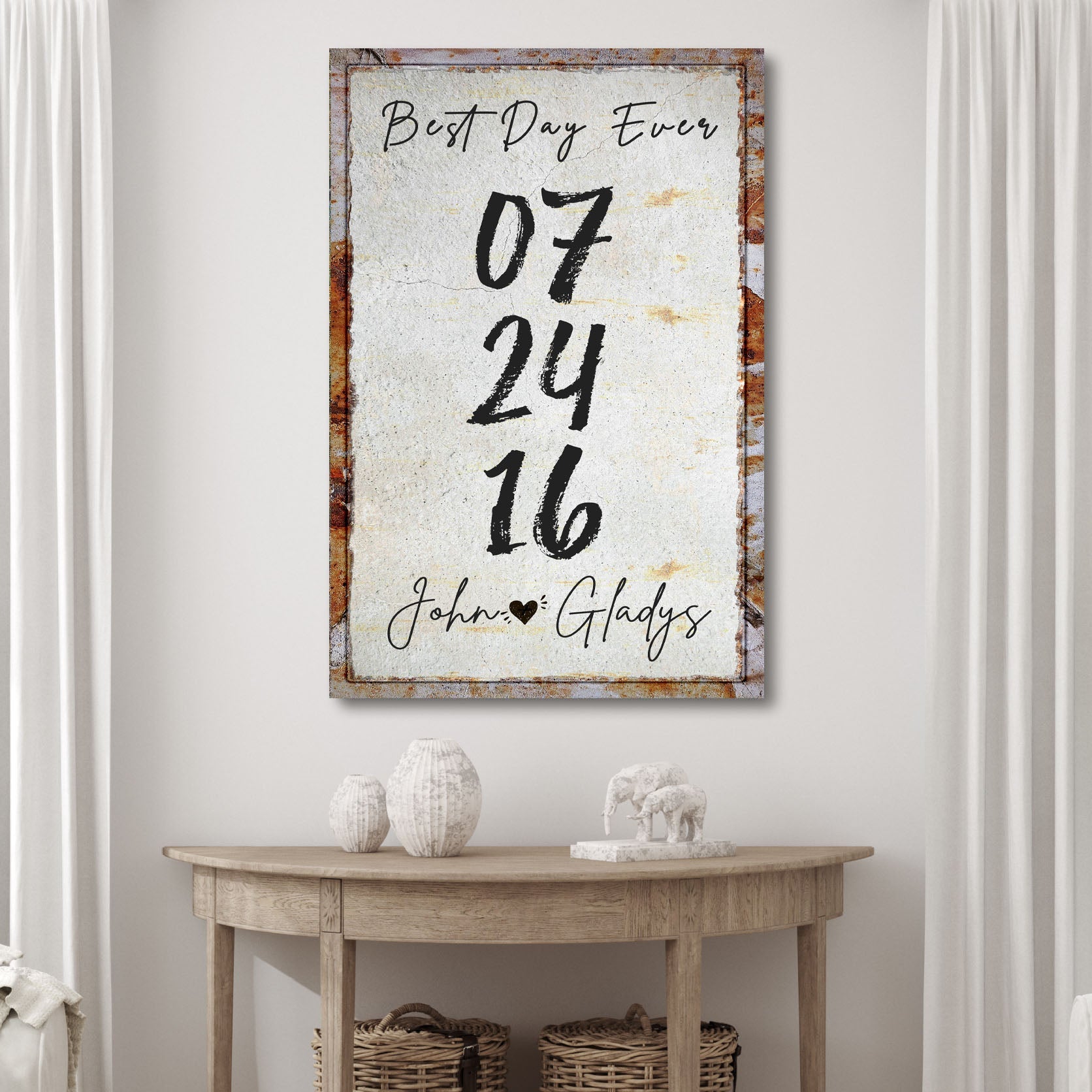 Best Day Ever Sign canvas by Tailored Canvases, rustic date 07 24 16 with John ♥ Gladys on Tampa Home & Garden Store