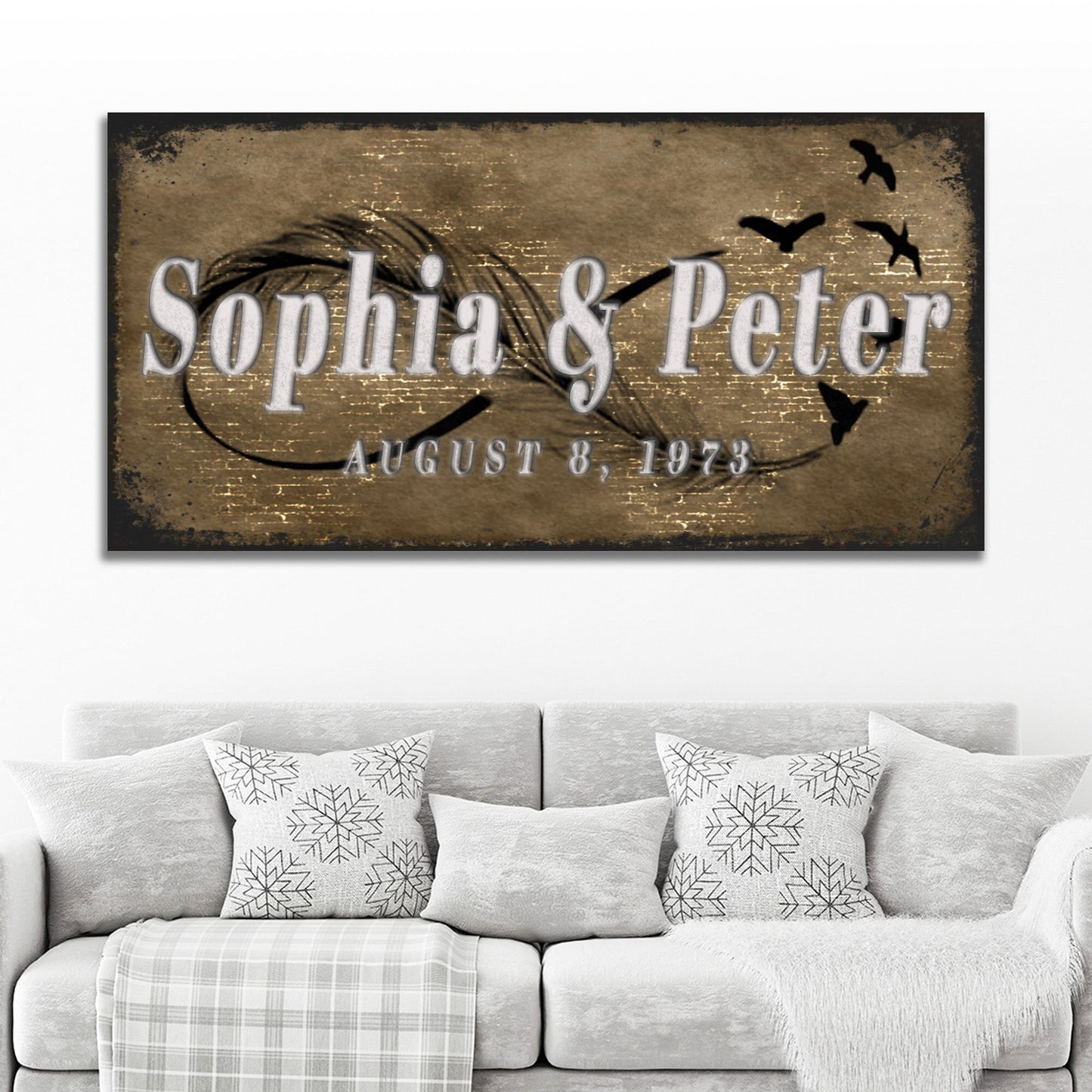 Tailored Canvases Couple Infinity Sign II canvas with rustic brown background and Sophia & Peter on Tampa Home & Garden Store