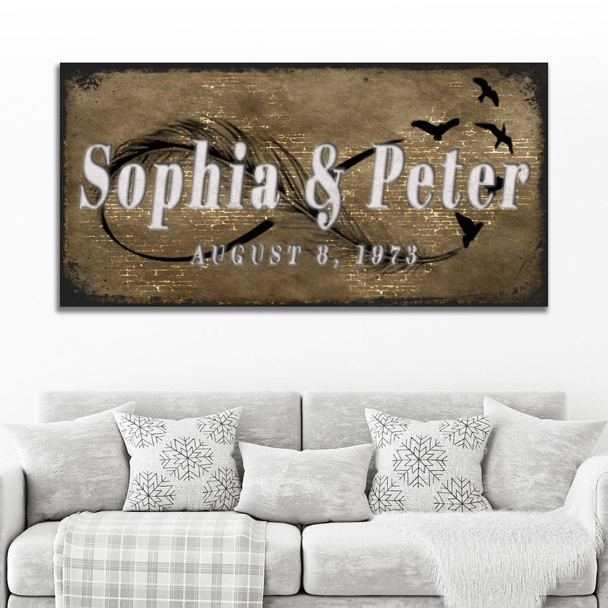Tailored Canvases Couple Infinity Sign II canvas with rustic brown background and Sophia & Peter on Tampa Home & Garden Store