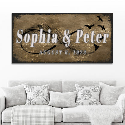 Tailored Canvases Couple Infinity Sign II canvas with rustic brown background and Sophia & Peter on Tampa Home & Garden Store