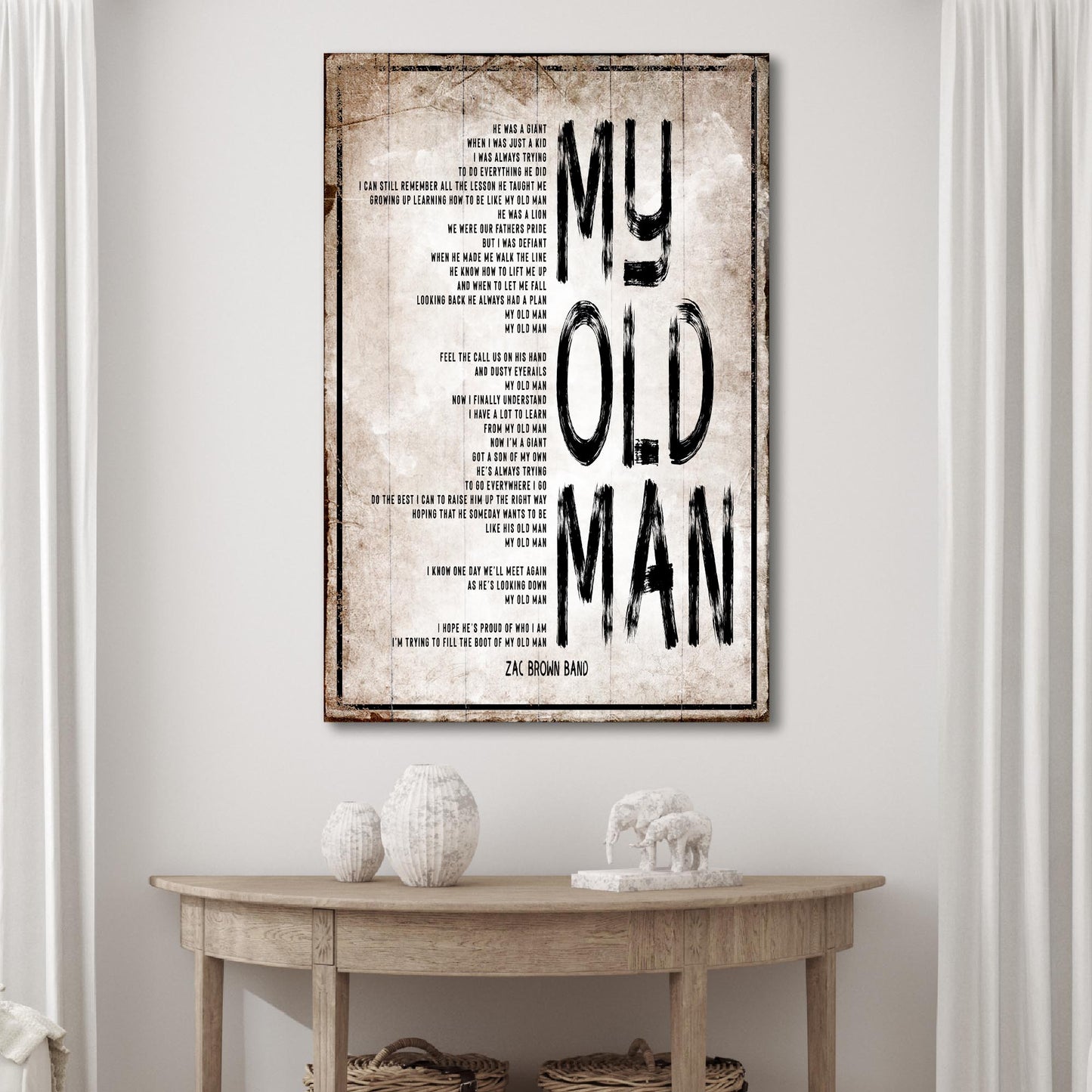 My Old Man canvas sign with rustic beige finish by Tailored Canvases on Tampa Home & Garden Store