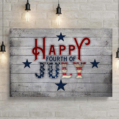 Happy Fourth of July sign canvas by Tailored Canvases with red text on weathered wood on Tampa Home & Garden Store