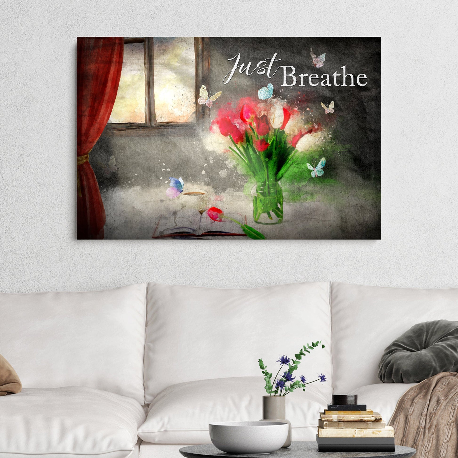 Just Breathe Sign VI canvas with red tulips in a glass vase and butterflies on Tampa Home & Garden Store