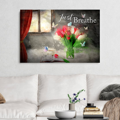 Just Breathe Sign VI canvas with red tulips in a glass vase and butterflies on Tampa Home & Garden Store