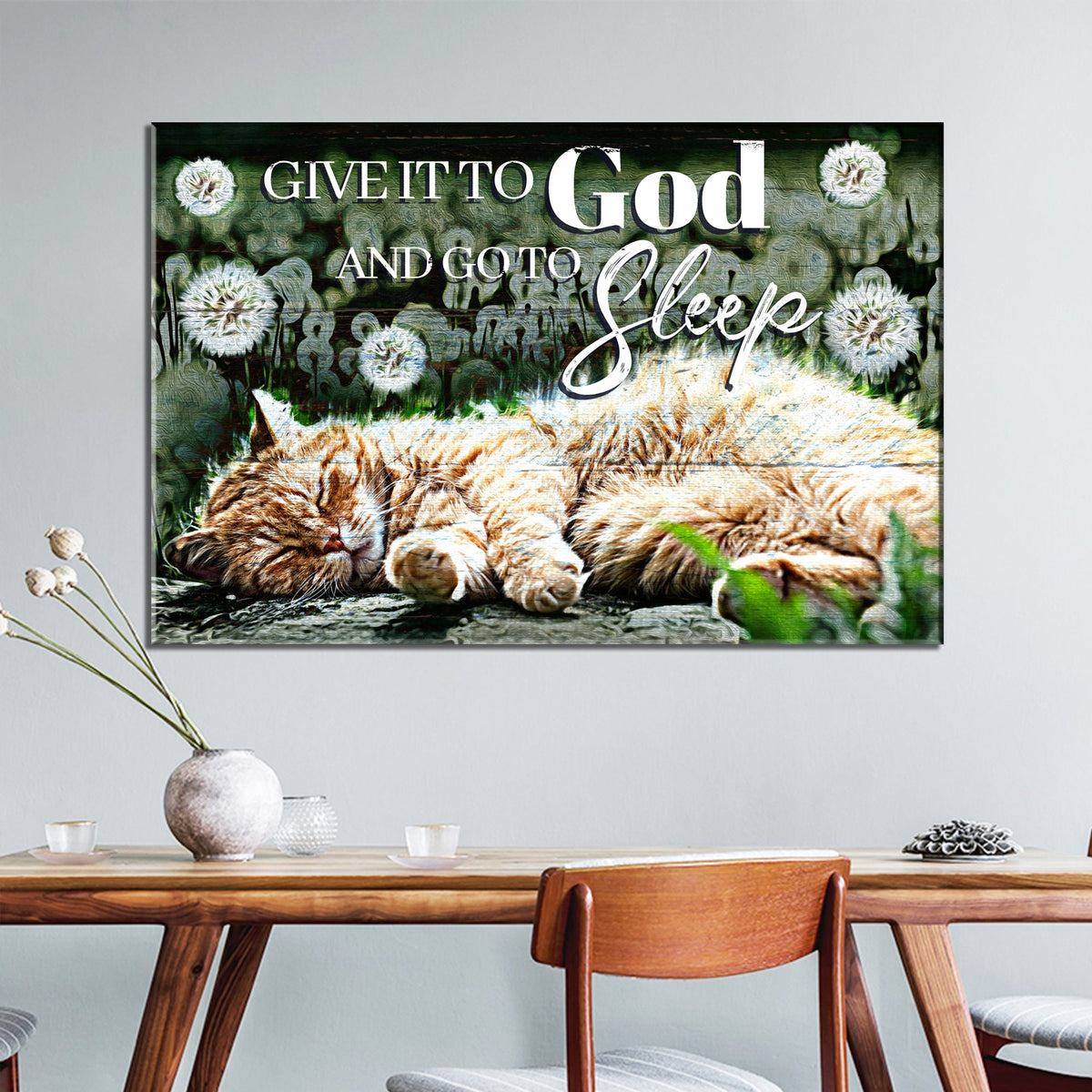Tailored Canvases canvas sign reading Give It To God And Go To Sleep with a sleeping cat on Tampa Home & Garden Store