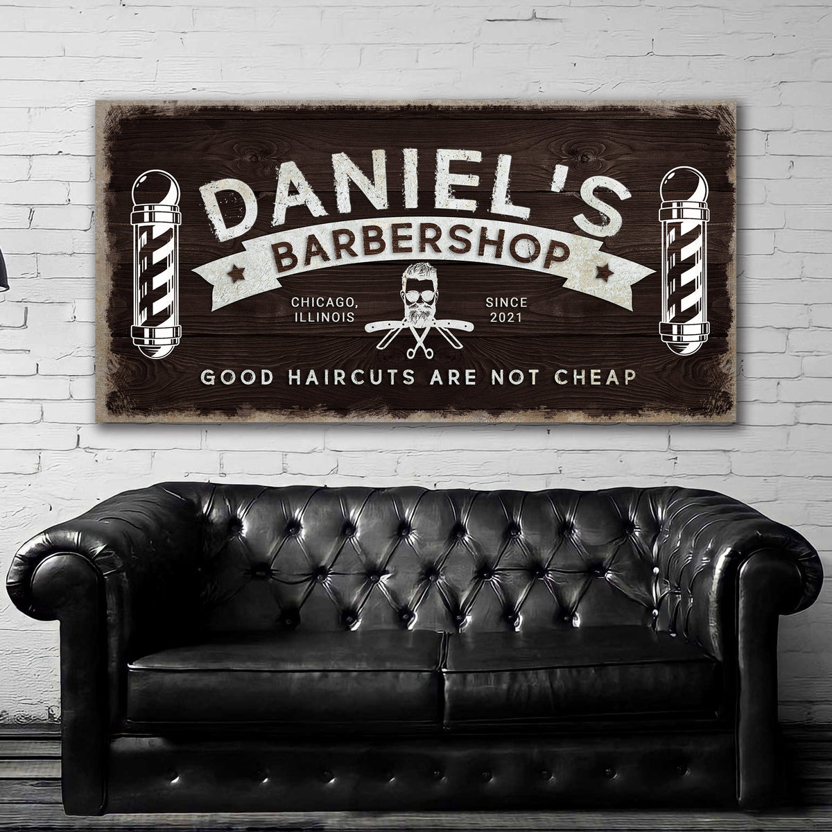 Barbershop sign canvas with dark wood grain and white barber poles on both sides on Tampa Home & Garden Store