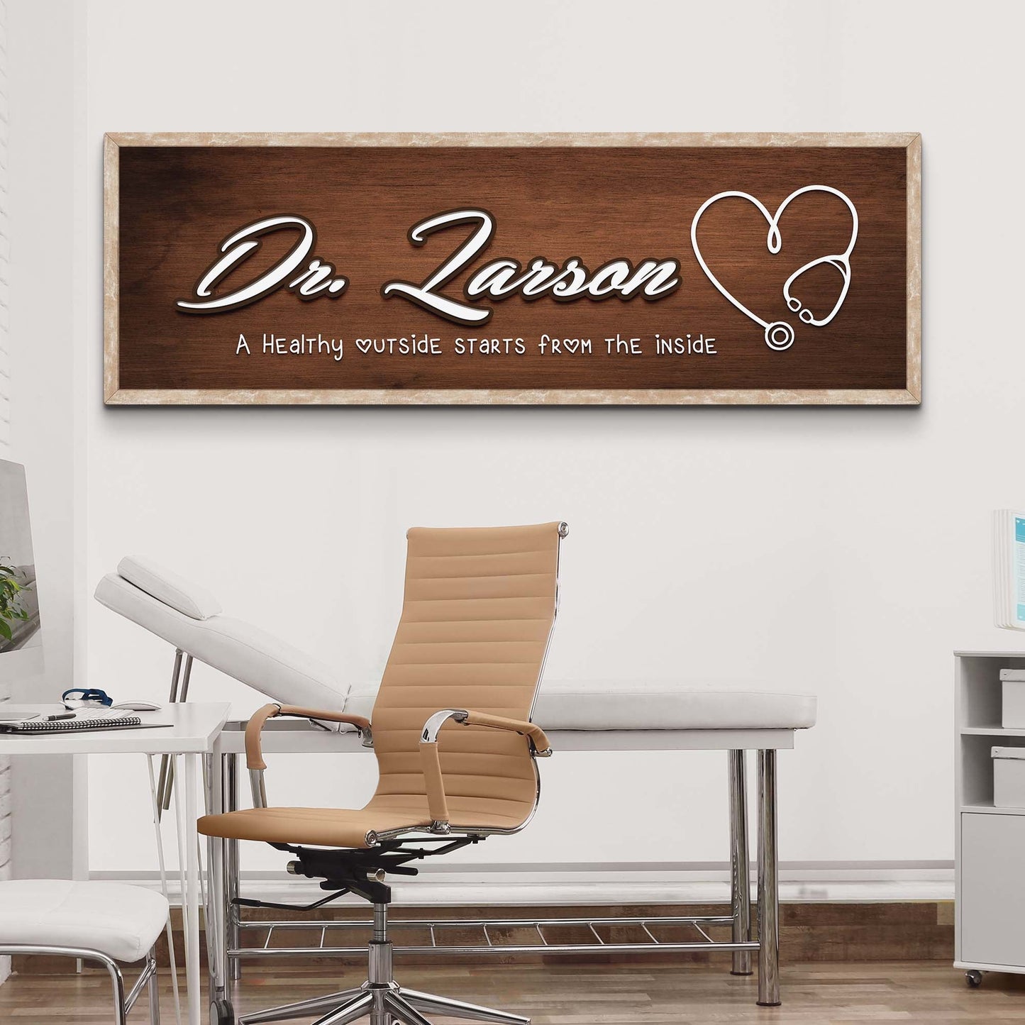 Doctor Name Sign canvas featuring Dr Larson script and heart motif on brown wood panel on Tampa Home & Garden Store