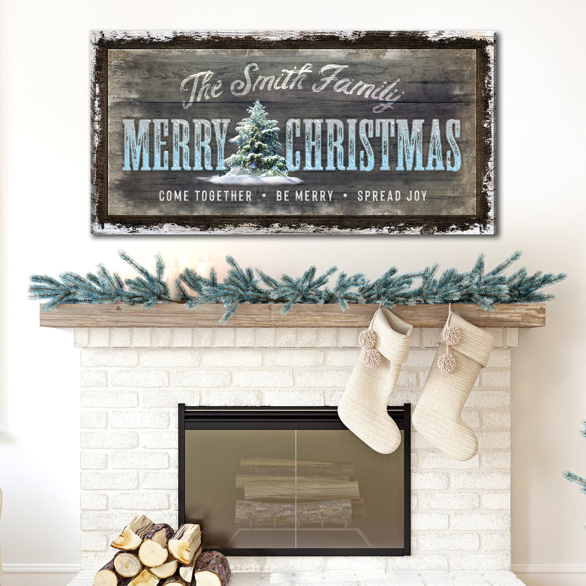 Merry Christmas Sign canvas by Tailored Canvases with rustic wood background frosty lettering on Tampa Home & Garden Store