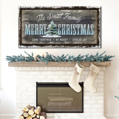 Merry Christmas Sign canvas by Tailored Canvases with rustic wood background frosty lettering on Tampa Home & Garden Store