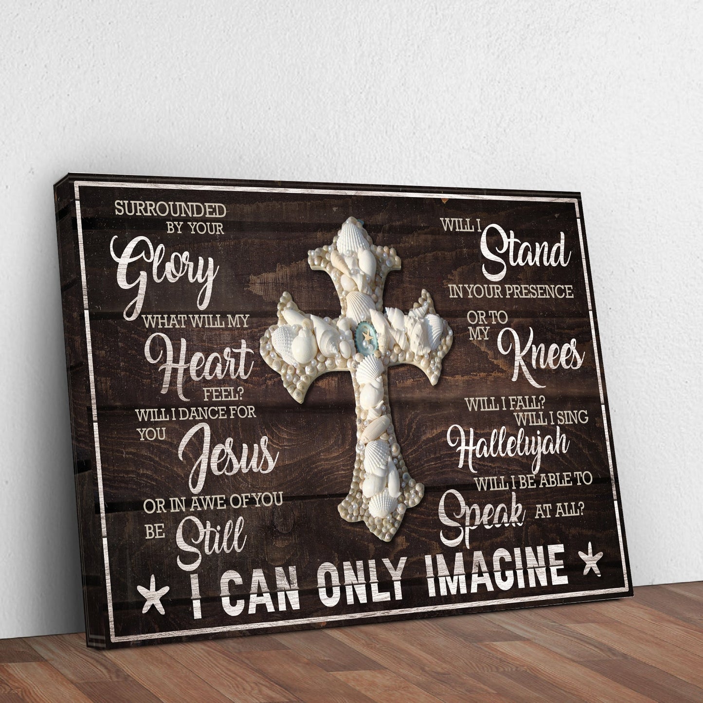 Canvas sign I Can Only Imagine Jesus Sign with dark wood finish and seashell cross accent on Tampa Home & Garden Store