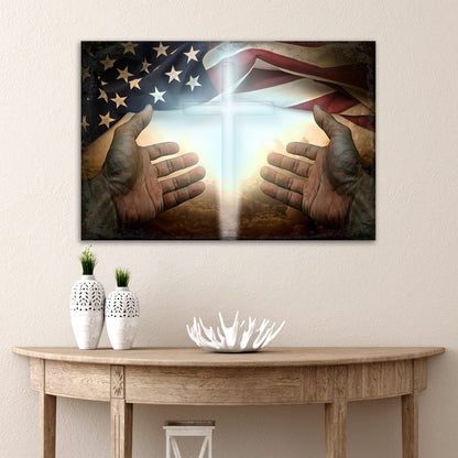 American Faith Canvas Wall Art; hands reach toward a glowing cross against the American flag on Tampa Home & Garden Store