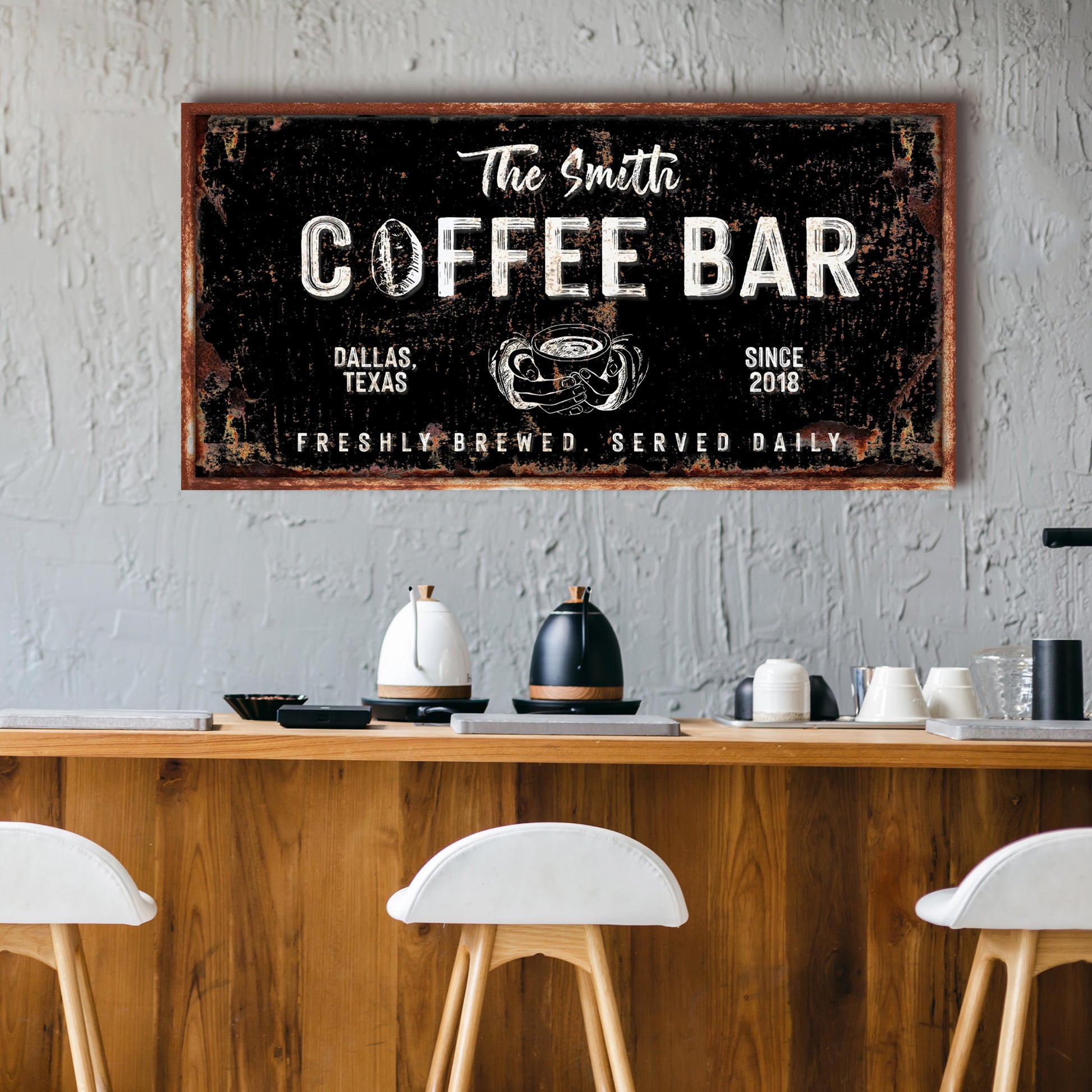 Coffee Bar Sign IV canvas crafting sign, rustic black with rusty frame by Tailored Canvases on Tampa Home & Garden Store