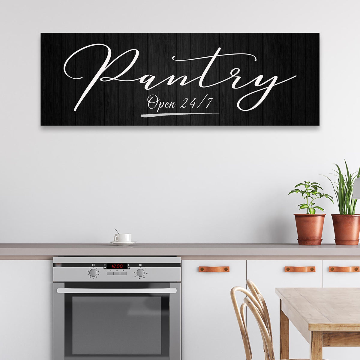 Pantry Open 24/7 sign canvas by Tailored Canvases on black woodgrain background on Tampa Home & Garden Store