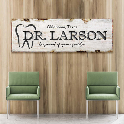 Dentist Name Sign canvas with rustic whitewashed wood and tooth graphic Dr Larson Oklahoma Texas on Tampa Home & Garden Store