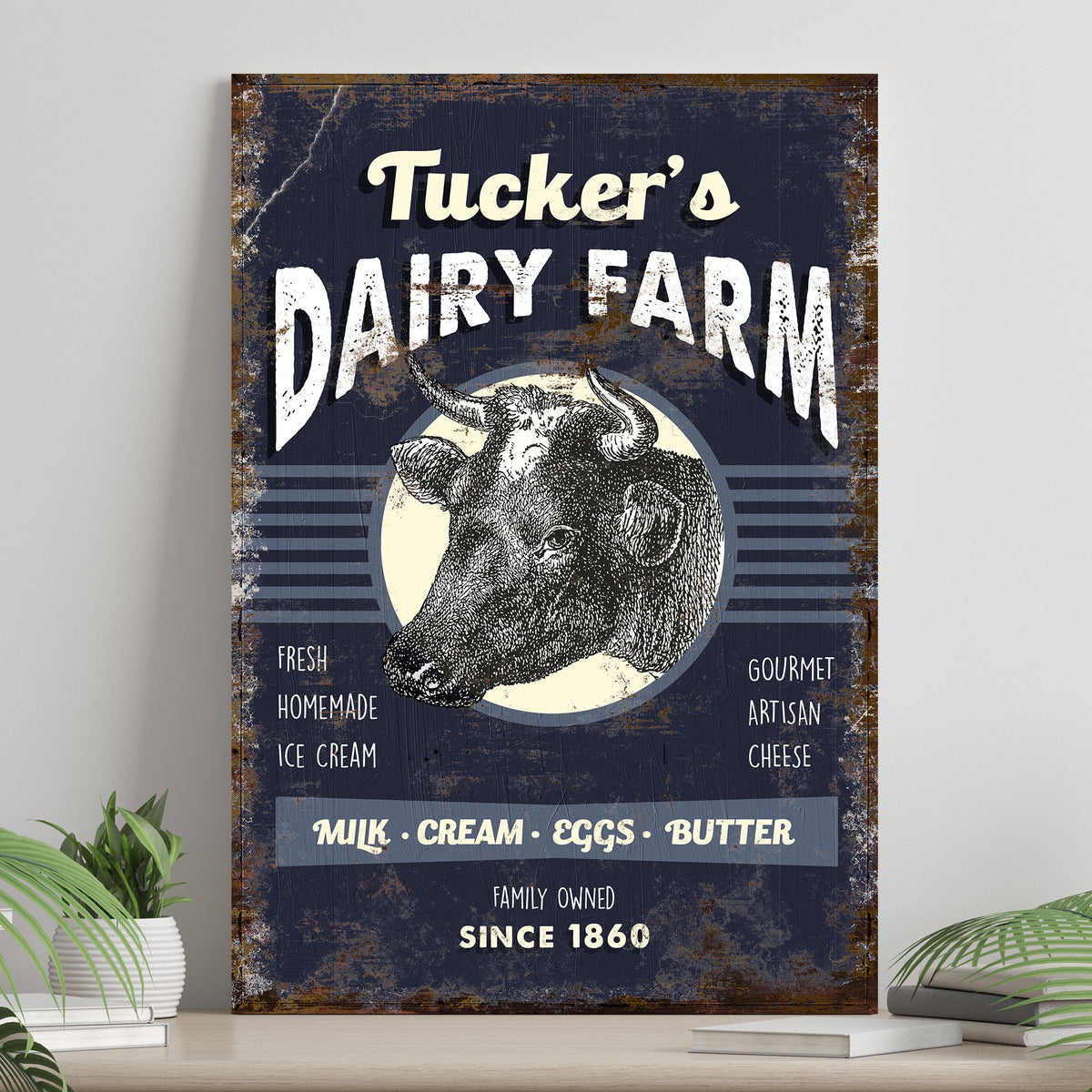 Dairy Farm Sign canvas by Tailored Canvases with rustic blue distress and cow illustration on Tampa Home & Garden Store