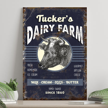 Dairy Farm Sign canvas by Tailored Canvases with rustic blue distress and cow illustration on Tampa Home & Garden Store
