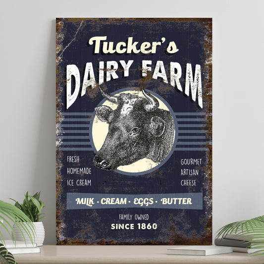 Dairy Farm Sign canvas by Tailored Canvases with rustic blue distress and cow illustration on Tampa Home & Garden Store