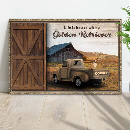 Canvas sign Life Is Better With A Golden Retriever II Tailored Canvases rustic barn scene on Tampa Home & Garden Store