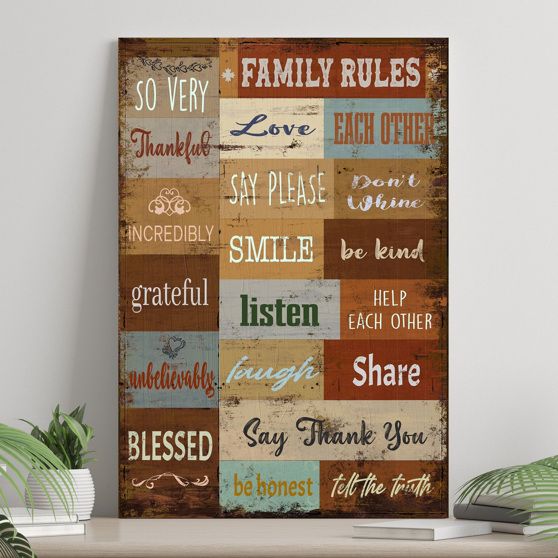 Family Rules Sign canvas by Tailored Canvases featuring a rustic multicolor collage of quotes on Tampa Home & Garden Store