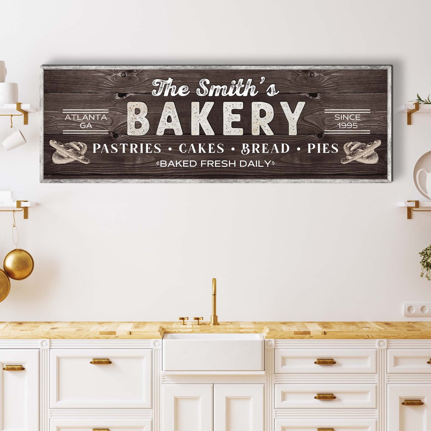 Bakery Sign canvas with dark wood grain and white text The Smith's Bakery on Tampa Home & Garden Store