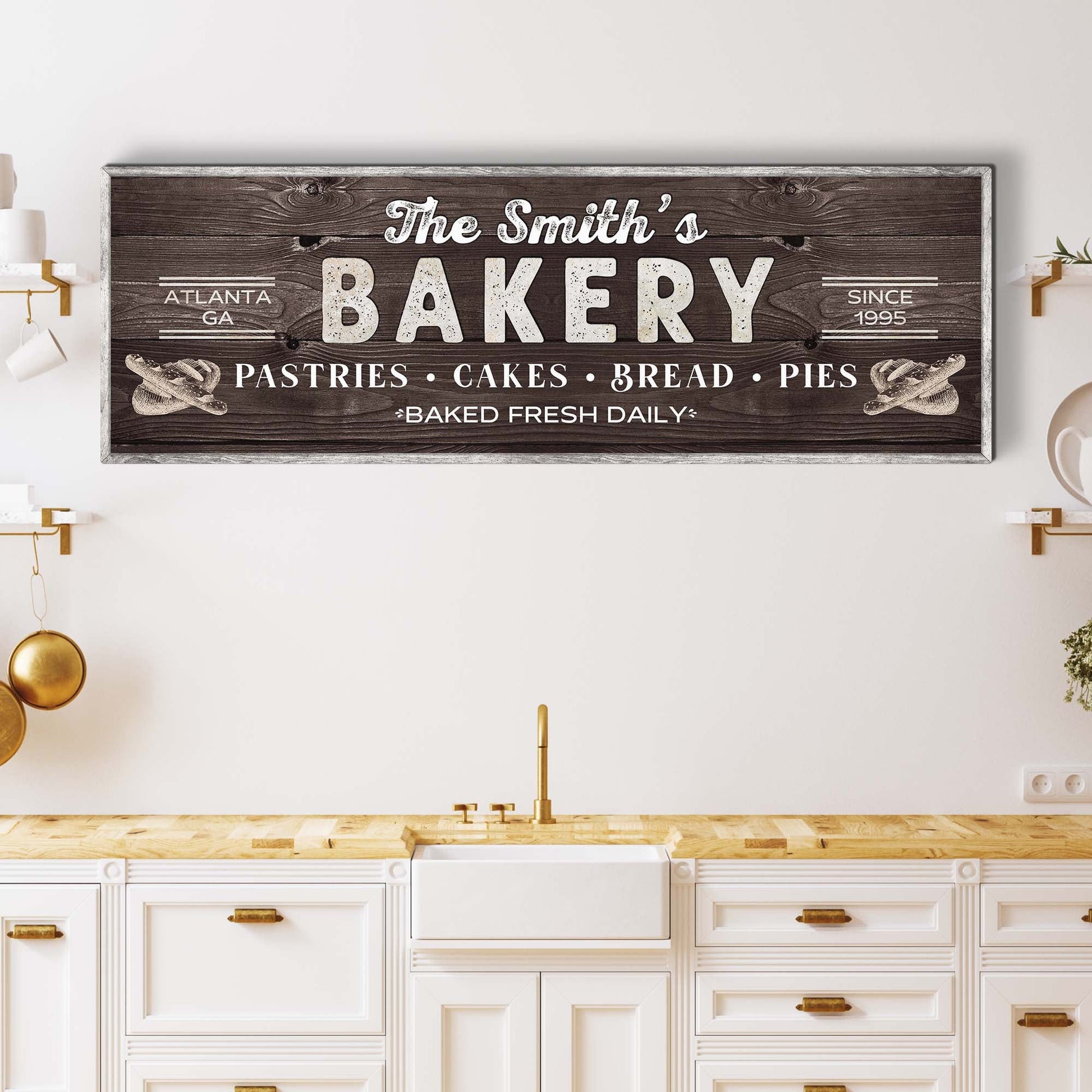 Bakery Sign canvas with dark wood grain and white text The Smith's Bakery on Tampa Home & Garden Store