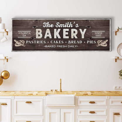 Bakery Sign canvas with dark wood grain and white text The Smith's Bakery on Tampa Home & Garden Store