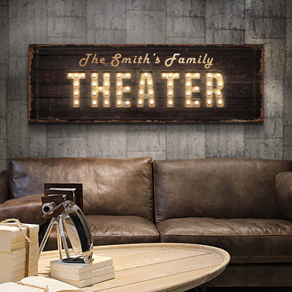 Theater Sign canvas craft wall art with glowing marquee letters on dark wood board on Tampa Home & Garden Store