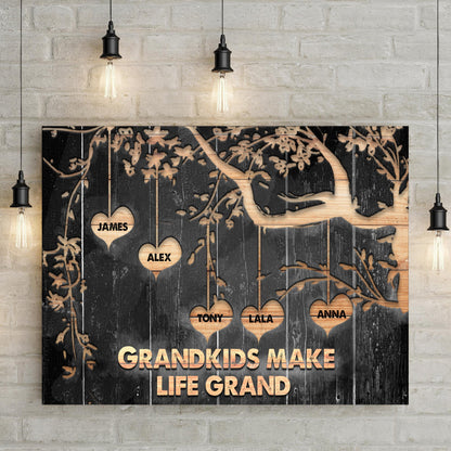 Grandkids Make Life Grand Sign II canvas sign in black wood with name cuts Tailored Canvases on Tampa Home & Garden Store