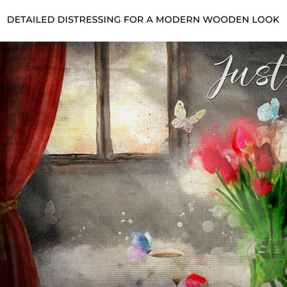 Just Breathe Sign VI canvas with distressed vintage backdrop, red drapes, butterflies on Tampa Home & Garden Store