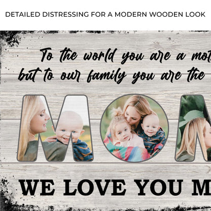 Canvas sign with Mother's Day message in script on rustic wood background by Tailored Canvases on Tampa Home & Garden Store