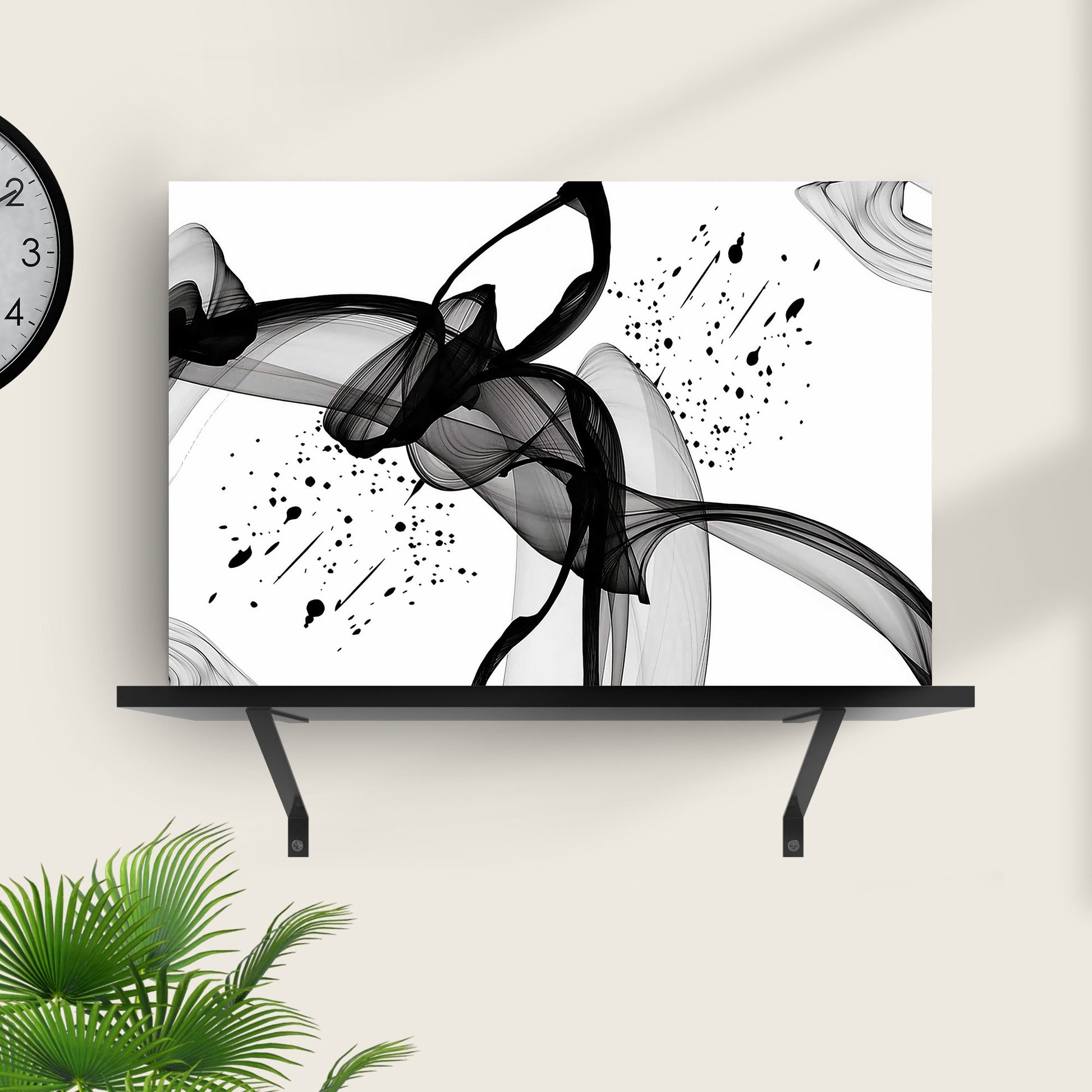 Minimalist Black Abstract Canvas by Tailored Canvases, black swirls on white surface on Tampa Home & Garden Store
