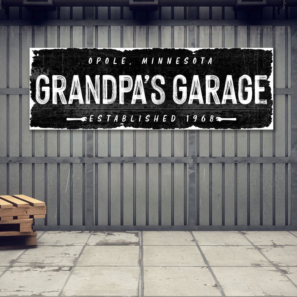 Grandpa Garage Sign II canvas with distressed black plaque and white vintage text on Tampa Home & Garden Store