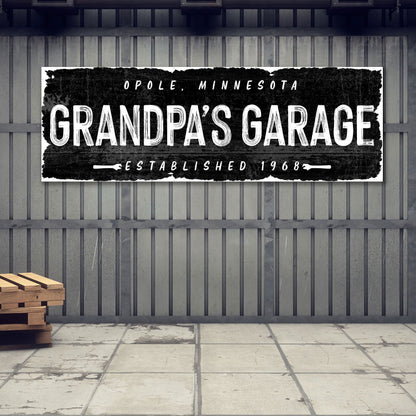 Grandpa Garage Sign II canvas with distressed black plaque and white vintage text on Tampa Home & Garden Store