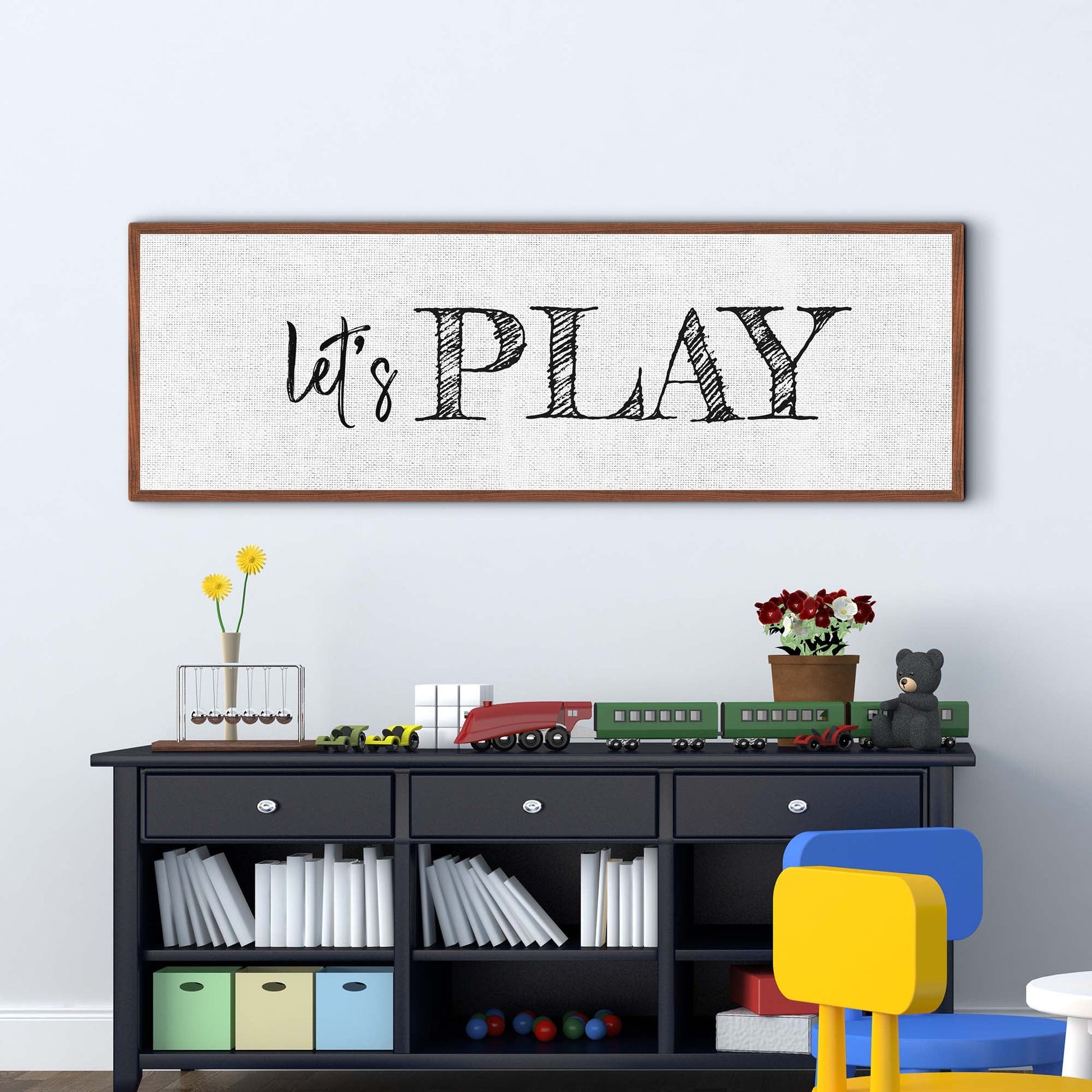 Let's Play Sign canvas by Tailored Canvases, wood-framed craft canvas with black lettering on Tampa Home & Garden Store
