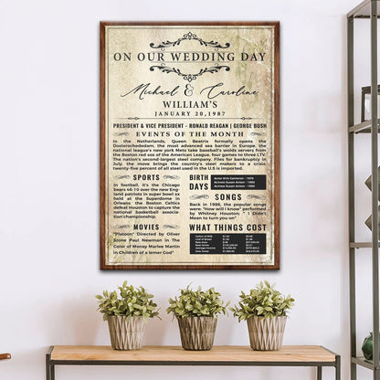 Wedding Anniversary Chronicle Sign canvas in wood frame with vintage print Tailored Canvases on Tampa Home & Garden Store