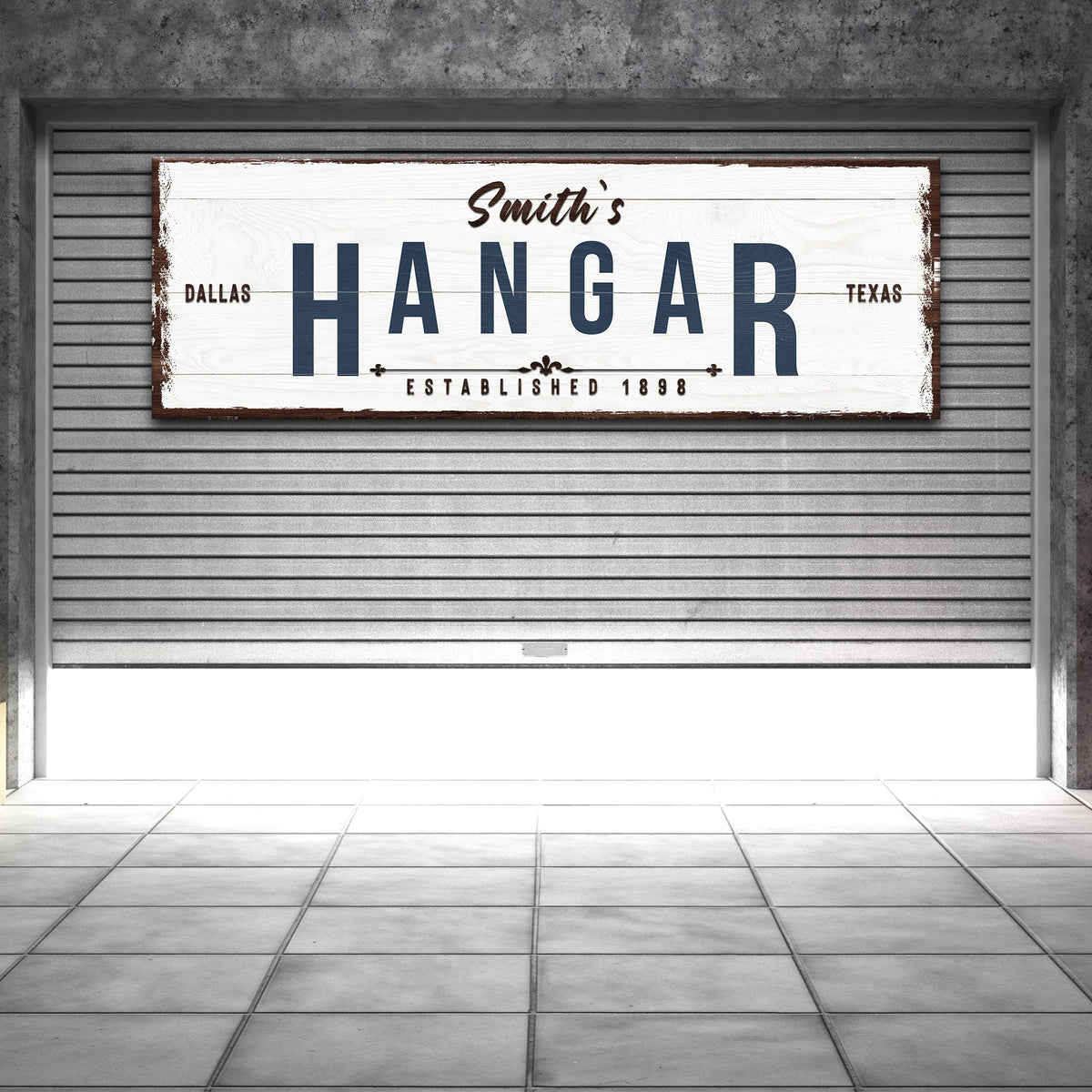 Hangar sign canvas with distressed white wood, blue HANGAR letters Dallas Texas on Tampa Home & Garden Store