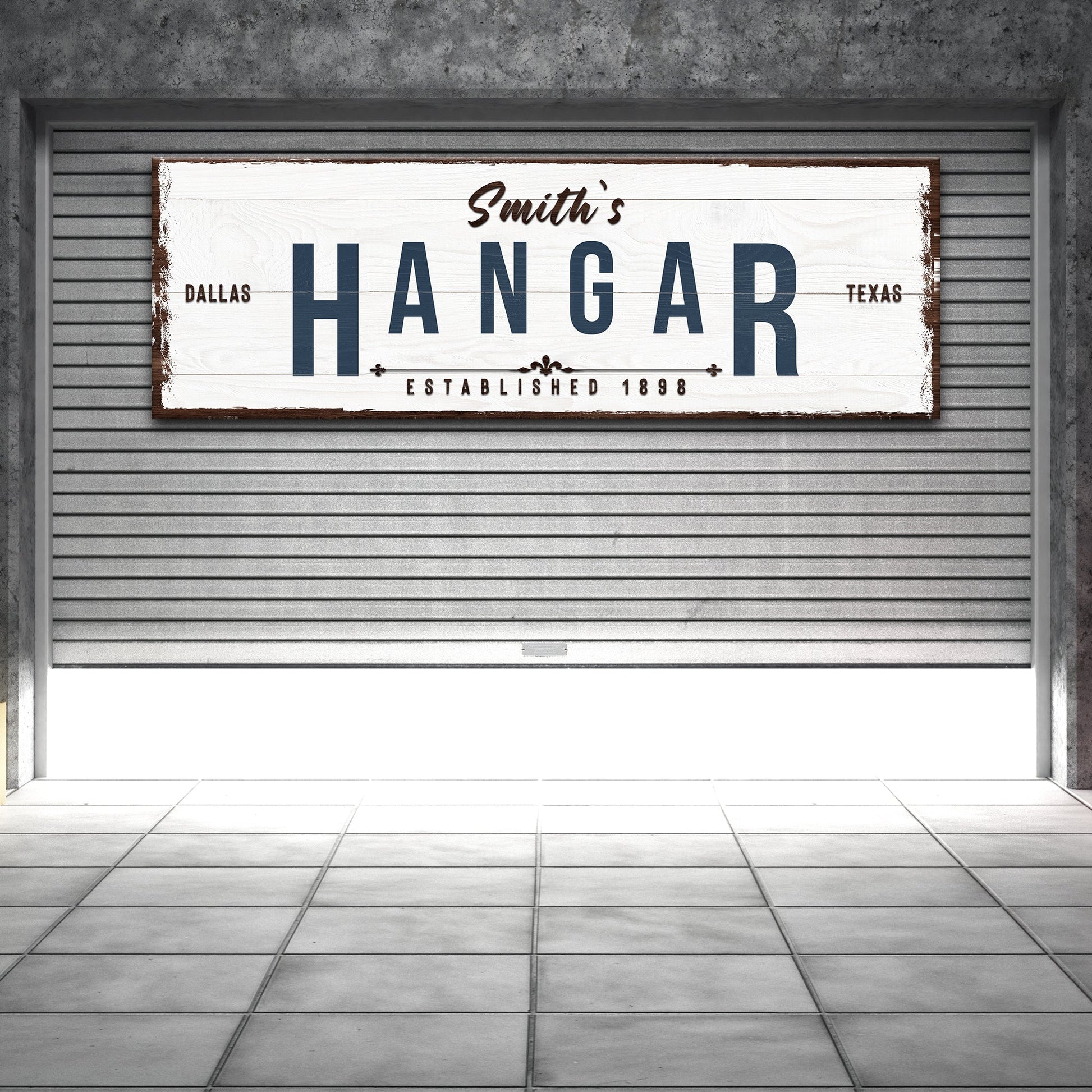 Hangar sign canvas with distressed white wood, blue HANGAR letters Dallas Texas on Tampa Home & Garden Store
