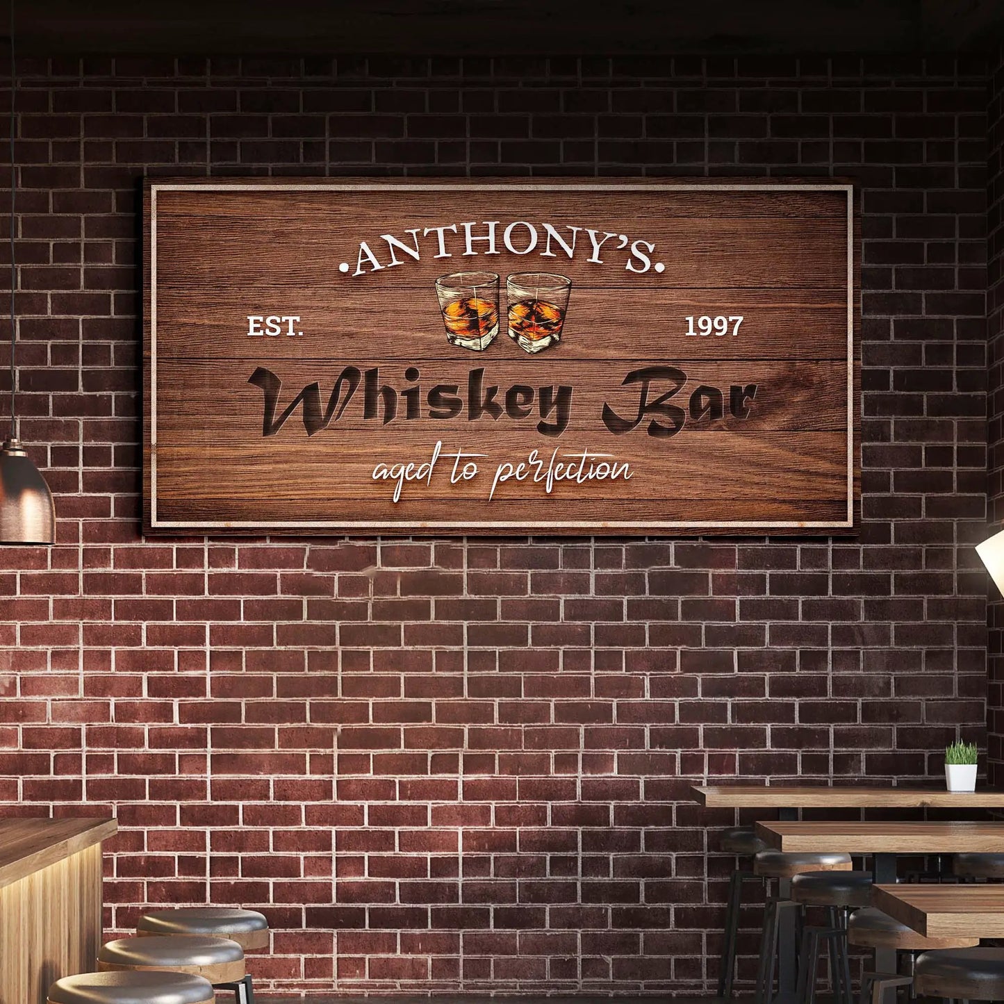 Whiskey Bar Sign II canvas Tailored Canvases with wooden sign and whiskey glasses on brick on Tampa Home & Garden Store
