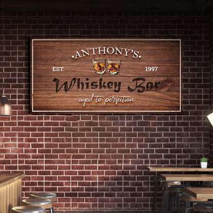 Whiskey Bar Sign II canvas Tailored Canvases with wooden sign and whiskey glasses on brick on Tampa Home & Garden Store